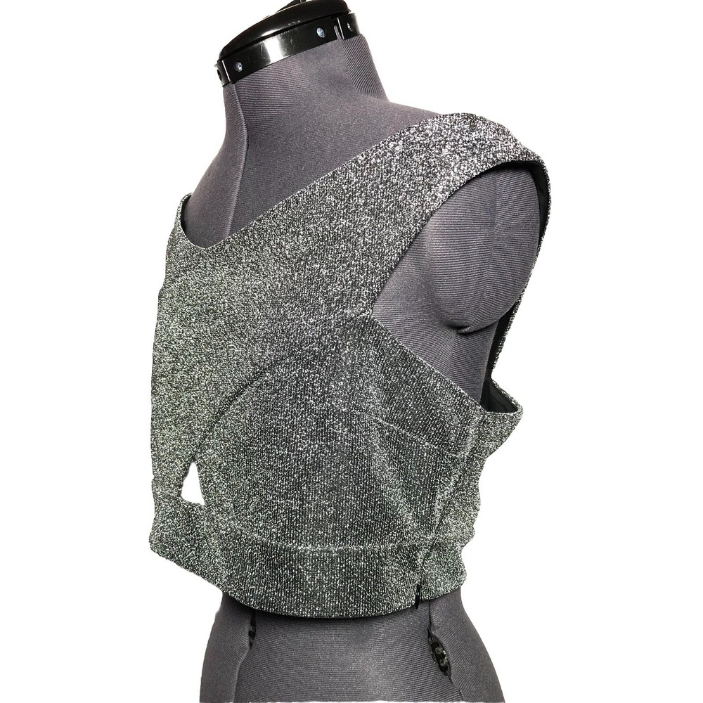 Express Silver Metallic Off‎ Shoulder Crop Top L Sparkle Lurex Party Club Y2K - Picture 4 of 9